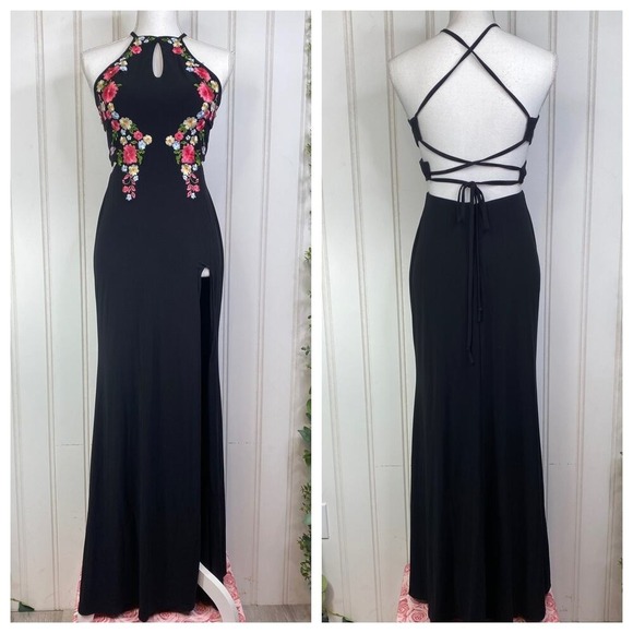 Morgan & Co. Black Floral Embroidered Halter Slit Maxi Dress Party Junior's 1 - Picture 1 of 12